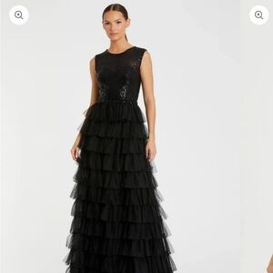 *NWT*  Mac Duggal Black Ruffle Tiered High Neck Sequined Gown